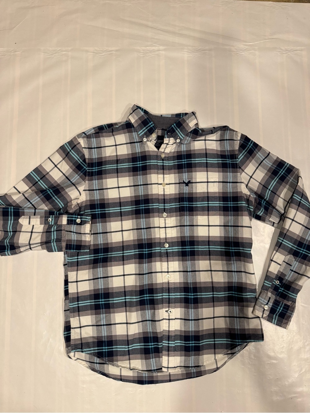 American Eagle Outfitters Boys Plaid Button-Down Shirt - Blue, Gray & White